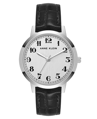 Anne Klein Women's Quartz Casual Black Polyurethane Leather and Silver-Tone Metal Alloy Boyfriend Watch, 34mm