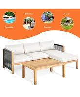 3PCS Patio Acacia Wood Sofa Furniture Set Thick Cushion W/Nylon Rope Armrest
