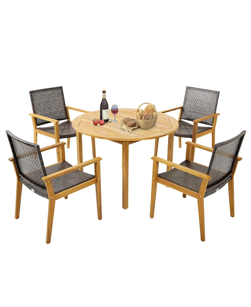 Gymax 5 Pcs Patio Dining Set Round Acacia Wood Table 4 Wicker Armchairs Outdoor Garden