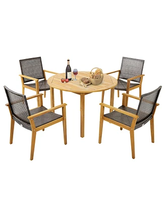 Gymax 5 Pcs Patio Dining Set Round Acacia Wood Table 4 Wicker Armchairs Outdoor Garden