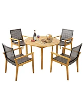 Gymax 5 Pcs Patio Dining Set Round Acacia Wood Table 4 Wicker Armchairs Outdoor Garden