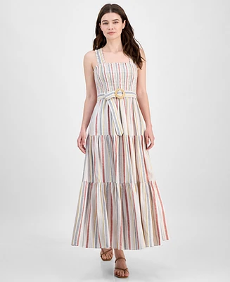 Anne Klein Women's Striped Smocked-Bodice Tiered Dress