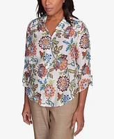 Alfred Dunner Women's Summer Solstice Batik Floral Button Front Top
