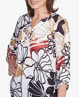 Alfred Dunner Women's Natural Instinct Bold Floral Illustrated Henley Mandarin Collar Top
