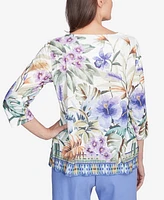 Alfred Dunner Women's Santa Fe Tropical Floral Border Crew Neck Top