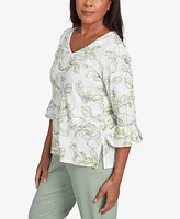 Alfred Dunner Women's Santa Fe Embroidered Floral Vines Cotton Top