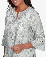 Alfred Dunner Women's Santa Fe Embroidered Geometric Flare Sleeve Top