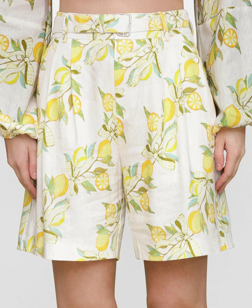 Avec Les Filles Women's Printed Pleat-Front Belted Shorts