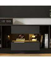 Tv stand with two doors, two drawers, media console with light strip, black wooden entertainment center
