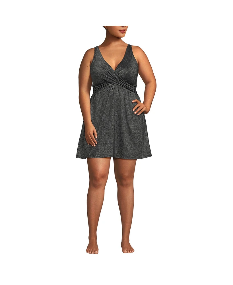 Lands' End Plus Slender Suit Shine Wrap Swim Dress Swimsuit