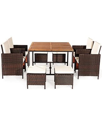 Gymax 9PCS Rattan Wicker Dining Set Patio Outdoor Furniture Set w/ Cushion