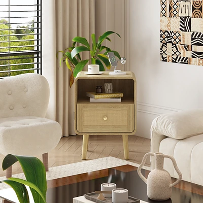 Bedside table with rattan wooden doors, side table with drawer and storage compartment, wooden end table in natural wood color, suitable for bedrooms,