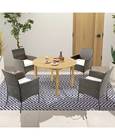 Gymax 5 Pcs Patio Dining Set Round Acacia Wood Table 4 Cushioned Wicker Armchairs