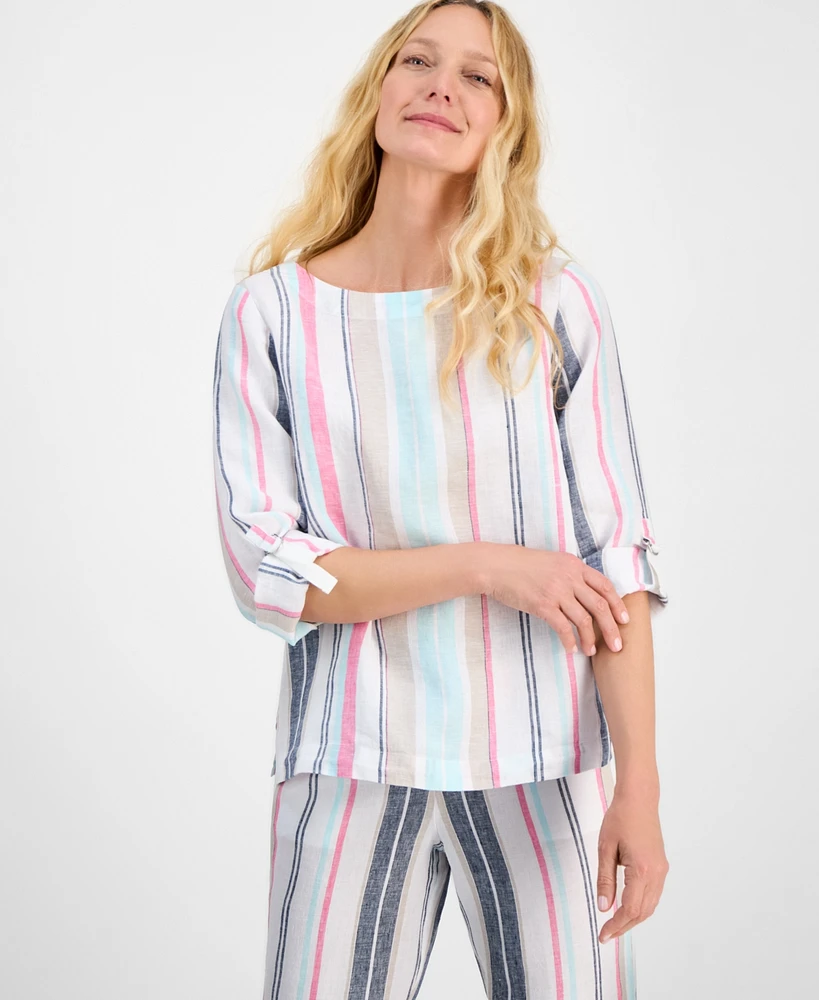 Charter Club Women's Striped 100% Linen Top, Exclusively at Macy's