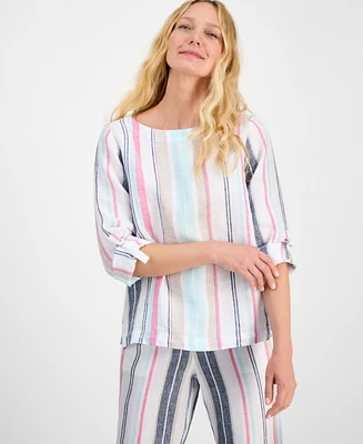 Charter Club Women's Striped 100% Linen Top, Exclusively at Macy's