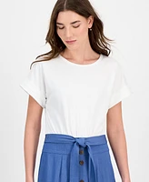 T Tahari Women's Mixed-Media Tiered Fit & Flare Dress