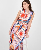 T Tahari Women's Printed Pleated Midi Shirtdress