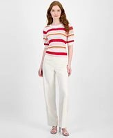 T Tahari Women's Pointelle Striped Crewneck Sweater