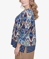 Alfred Dunner Plus Summer Solstice Ikat Diamond Border Square Neck Top