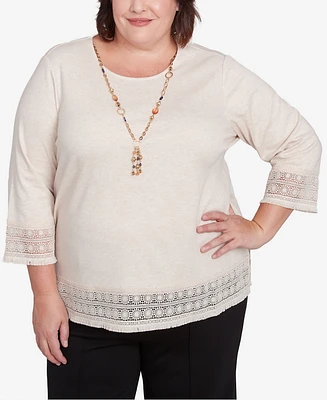 Alfred Dunner Plus Summer Solstice Lace Trimmed Knit Top with Necklace