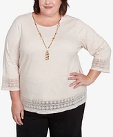 Alfred Dunner Plus Summer Solstice Lace Trimmed Knit Top with Necklace