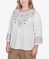 Alfred Dunner Plus Summer Solstice Linear Embroidered Tie Sleeve Top
