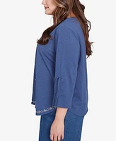 Alfred Dunner Plus Summer Solstice Embroidery Centered Tie Sleeve Top
