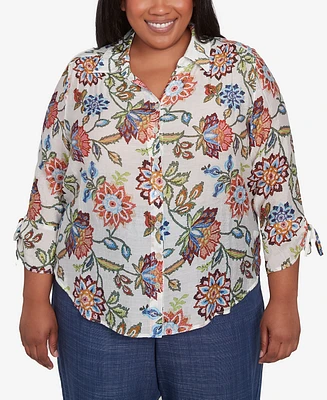 Alfred Dunner Plus Summer Solstice Batik Floral Button Front Top