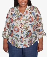 Alfred Dunner Plus Summer Solstice Batik Floral Button Front Top