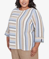 Alfred Dunner Plus Summer Solstice Spliced Stripe Button Shoulder Crew Neck Top