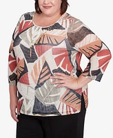 Alfred Dunner Plus Natural Instinct Tropical Mesh Top with Necklace
