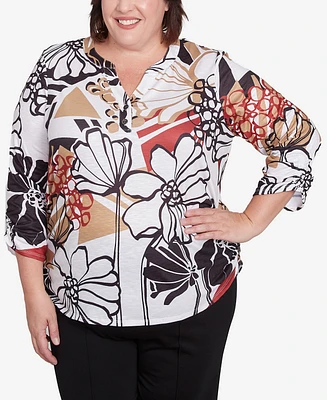Alfred Dunner Plus Natural Instinct Bold Floral Illustrated Henley Top