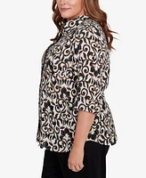 Alfred Dunner Plus Natural Instinct Medallion Twin Print Button Front Top