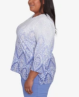 Alfred Dunner Plus Santa Fe Ombre Medallion Crew Neck Printed Top