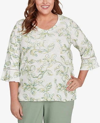Alfred Dunner Plus Santa Fe Embroidered Floral Vines Cotton Top