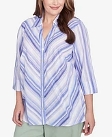 Alfred Dunner Plus Santa Fe Mitered Iris Stripe Collared Button Down Top