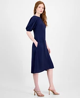 Connected Women's Puff-Sleeve Round-Neck Midi Dress