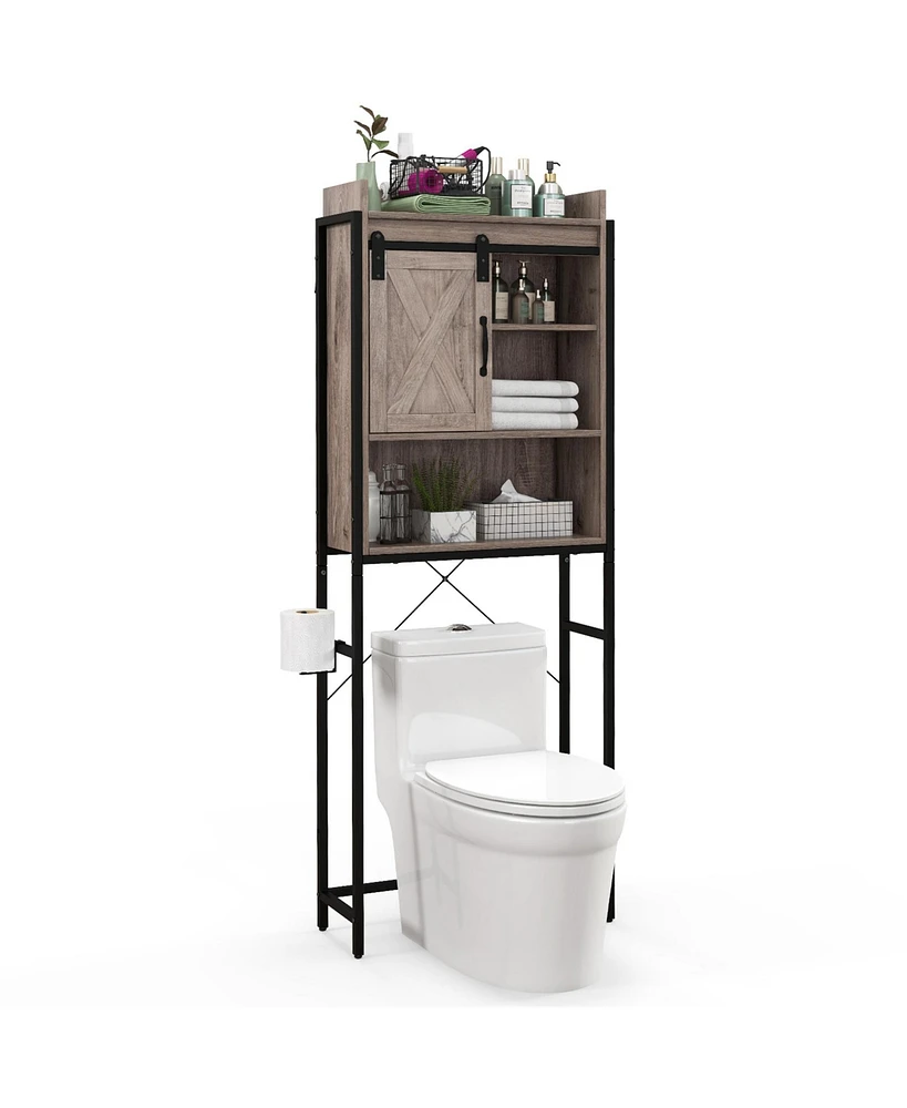Gymax Over The Toilet Storage Cabinet Rack Bathroom w/ Slipping Barn Door Grey