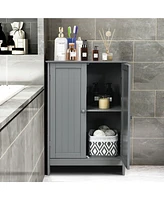 Gymax Bathroom Floor Storage Cabinet Double Door Kitchen Cupboard Shoe Brown