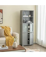 Gymax Bathroom Tall Storage Cabinet Linen Tower w/ Glass Door & Adjustable Shelf Grey