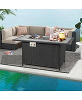 Rattan Wicker Propane Fire Pit Table with Rain Cover and Lava Rock