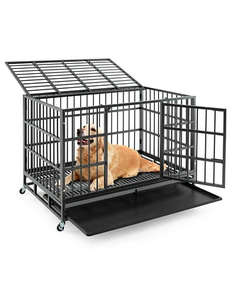 Foldable Metal Dog Cage with Lockable Casters and Tray – Heavy-Duty Pet Crate for Home or Travel