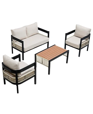 Mondawe Multi-person Outdoor Iron Sofa Set with A table, Rattan Decoration, Waterproof, Rust-proof