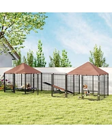 PawHut Dog Kennel Outside with 2 Rooms, Rotating & Adjustable Height Bowls