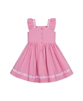 Hope & Henry Little Girls Organic Pleated Flutter Sleeve Apron Dress with Embroidery