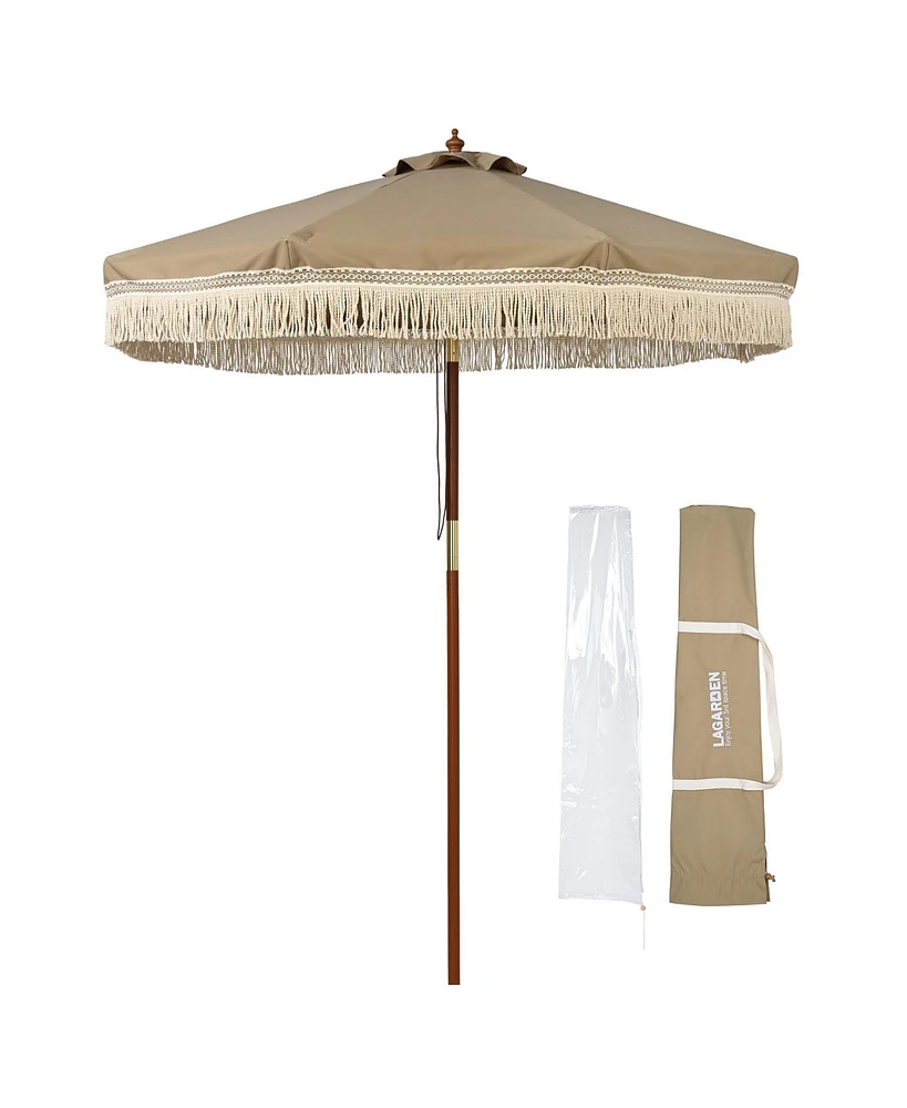 LAGarden Boho 7' Fringe Patio Umbrella with Tassels UPF50+ Boho Style 5-Year-Non-Fading for Outdoor Yard Market Mocha Meander