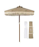 LAGarden Boho 7' Fringe Patio Umbrella with Tassels UPF50+ Boho Style 5-Year-Non-Fading for Outdoor Yard Market Mocha Meander