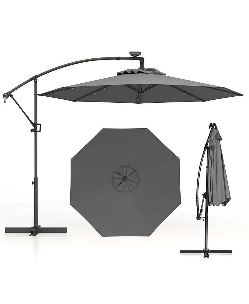 Gymax 10FT Offset Umbrella 360° Rotation Sun Shade Solar Powered Led Patio