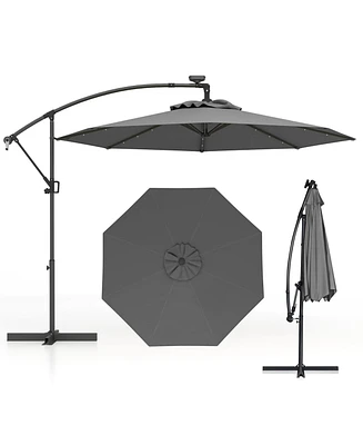 Gymax 10FT Offset Umbrella 360° Rotation Sun Shade Solar Powered Led Patio