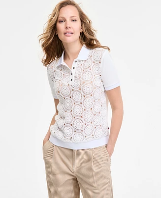Tommy Hilfiger Women's Lace-Front Short-Sleeve Cotton Top